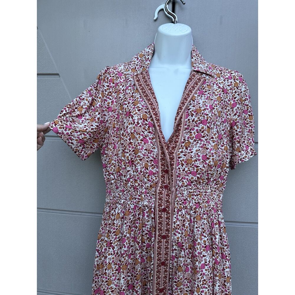 In Loom Floral Border Print Button Front Midi Dress Sz S Feminine Cottagecore - Picture 5 of 14
